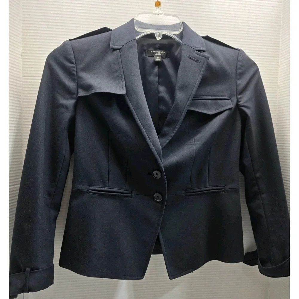 ANN TAYLOR Single‎ Breasted Blazer Womens 2P Lapel Neck Long Sleeve Buckle Blue